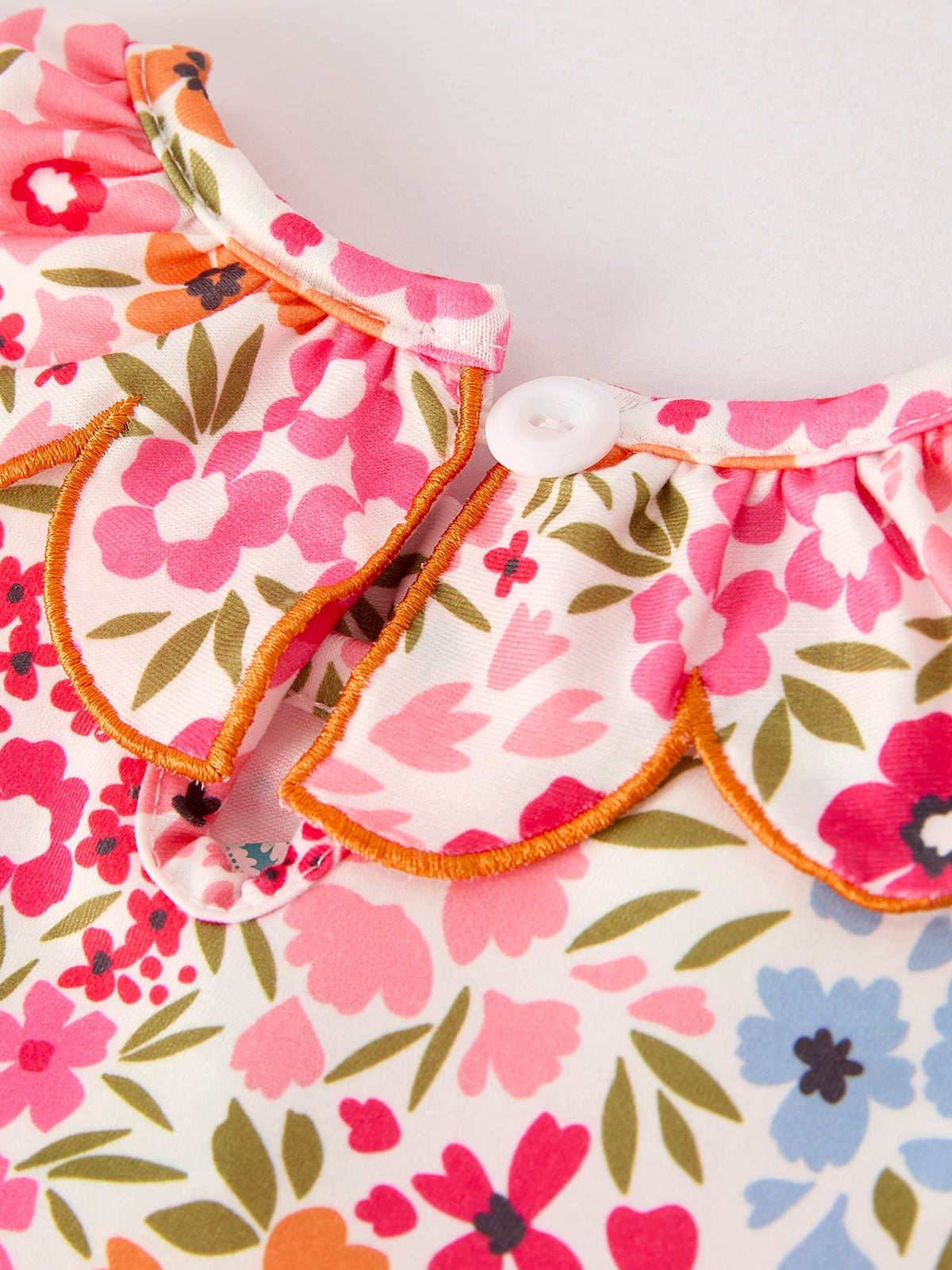 Close-up of pink floral smock dress collar with orange piping and a white button.