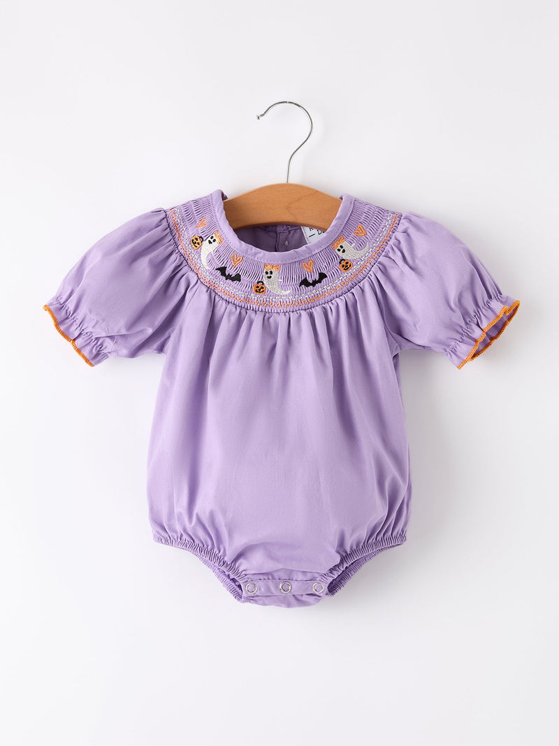 Purple Halloween Smock Embroidery Baby Girl Romper - The Palm Beach Baby Rylee Faith Designs