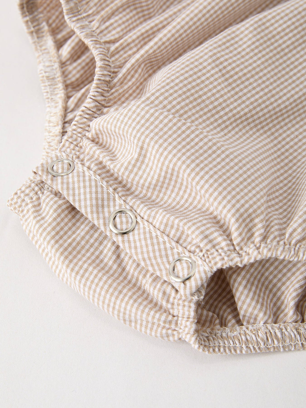 Beige plaid romper fabric with metal snap buttons; fall pumpkin embroidery smock romper for baby girl