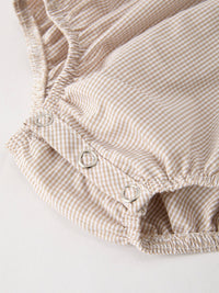 Beige plaid romper fabric with metal snap buttons; fall pumpkin embroidery smock romper for baby girl