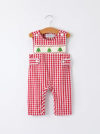 Christmas Smocking Embroidered Christmas Tree Plaid Plaid Baby Boy Romper - The Palm Beach Baby