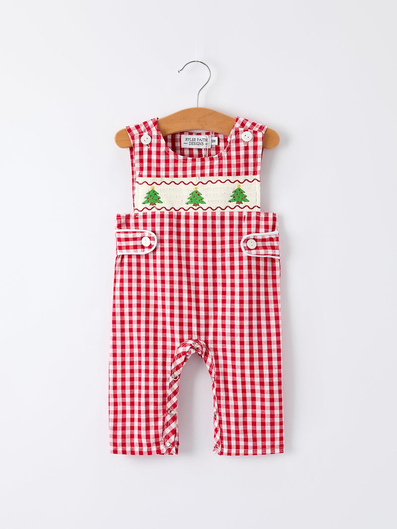 Christmas Smocking Embroidered Christmas Tree Plaid Plaid Baby Boy Romper - The Palm Beach Baby