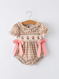 Classic Plaid Embroidered Gingerbread and Bows Girls Romper - The Palm Beach Baby