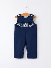 Christmas Navy Blue Nativity Smocking Embroidered Baby Boy Romper - The Palm Beach Baby
