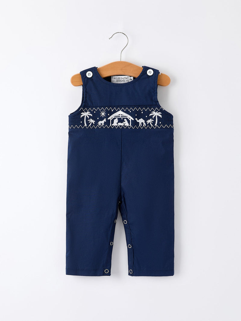 Christmas Navy Blue Nativity Smocking Embroidered Baby Boy Romper - The Palm Beach Baby
