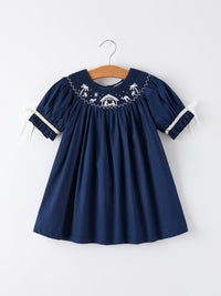 Christmas Navy Blue Nativity Smocking Embroidered Dress - The Palm Beach Baby