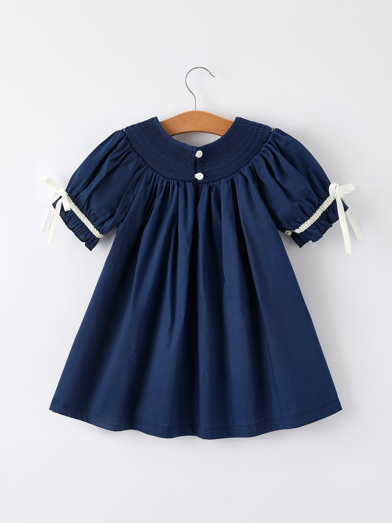 Christmas Navy Blue Nativity Smocking Embroidered Dress - The Palm Beach Baby