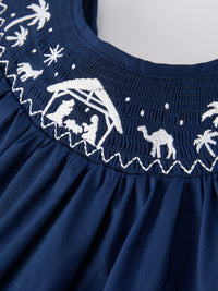Christmas Navy Blue Nativity Smocking Embroidered Dress - The Palm Beach Baby
