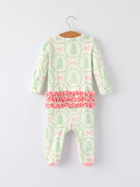 Christmas Tree Wreath Print Long Sleeve Zip Baby Girls Romper - The Palm Beach Baby