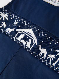 Christmas Navy Blue Nativity Smocking Embroidered Baby Boy Romper - The Palm Beach Baby