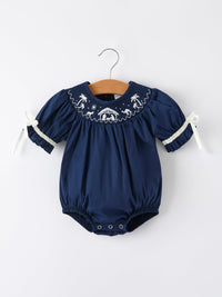 Navy Blue Nativity Smocking Embroidered Baby Girls Christmas Romper - The Palm Beach Baby