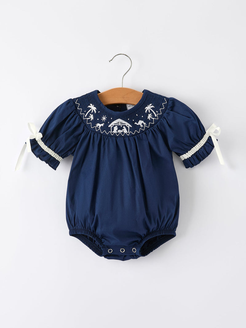 Navy Blue Nativity Smocking Embroidered Baby Girls Christmas Romper - The Palm Beach Baby