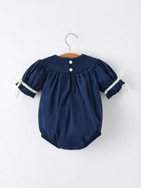 Navy Blue Nativity Smocking Embroidered Baby Girls Christmas Romper - The Palm Beach Baby