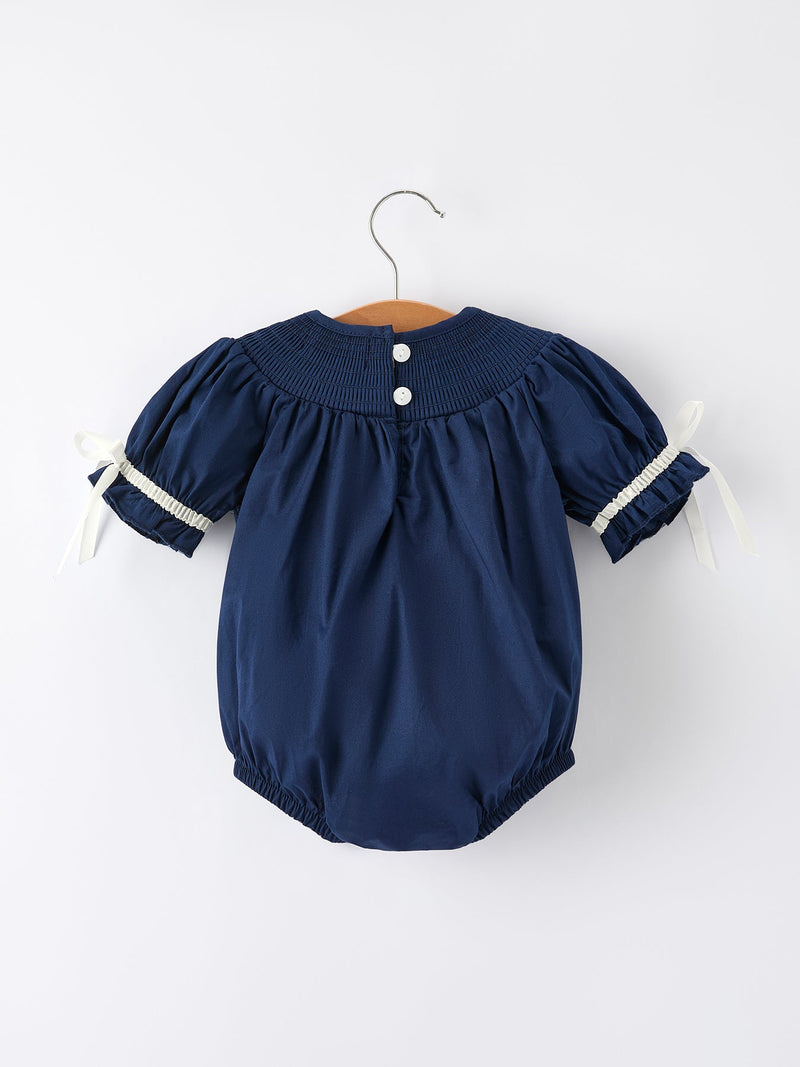 Navy Blue Nativity Smocking Embroidered Baby Girls Christmas Romper - The Palm Beach Baby