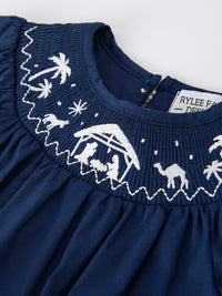 Navy Blue Nativity Smocking Embroidered Baby Girls Christmas Romper - The Palm Beach Baby