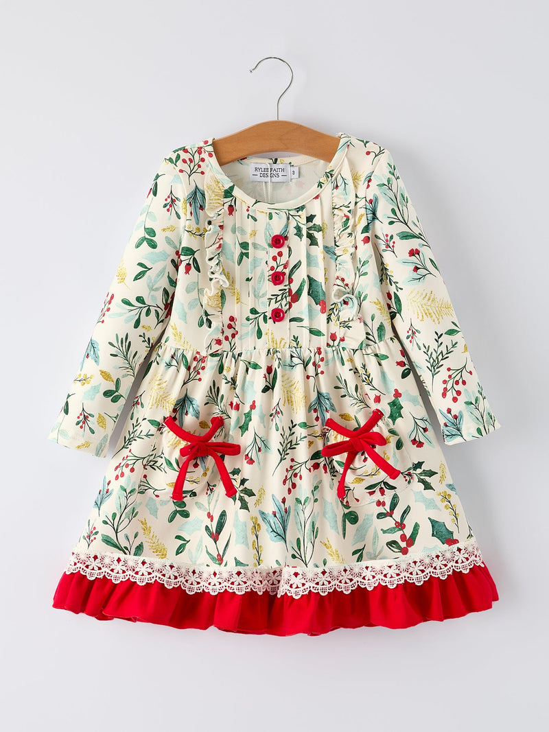Toddler Girls Christmas Dress – Holiday Floral Print Outfit with Pockets - The Palm Beach Baby