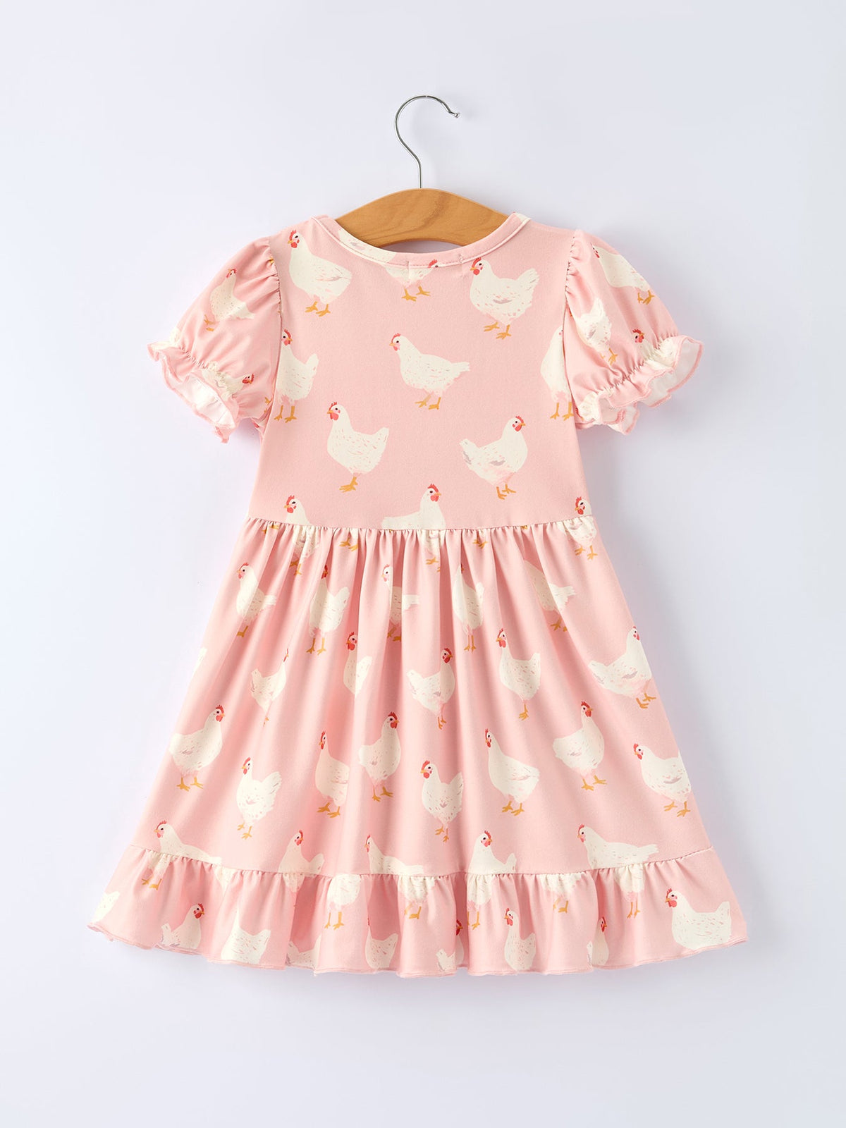 Lightweight and breathable Farm Spring Girls Chicken Print Dress Ruffle In Pink, combining durability with elegance.