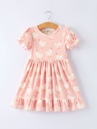 Farm Spring Girls Chicken Print Dress Ruffle In Pink, a delightful addition to any little girl's wardrobe, highlighting fun chicken print.