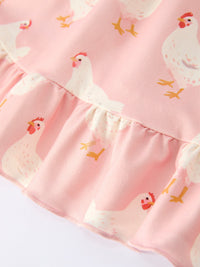Farm Spring Girls Chicken Print Dress Ruffle In Pink, a must-have dress for girls who adore playful and stylish designs.