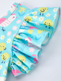 The Aqua Spring Chicken Floral Farm Print Dress for Girls featured with a matching cardigan for cooler spring weather.