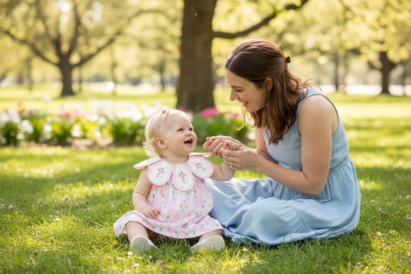 Pink floral smocked baby dress with petal Peter Pan collar, bishop silhouette, and matching pink bloomers.