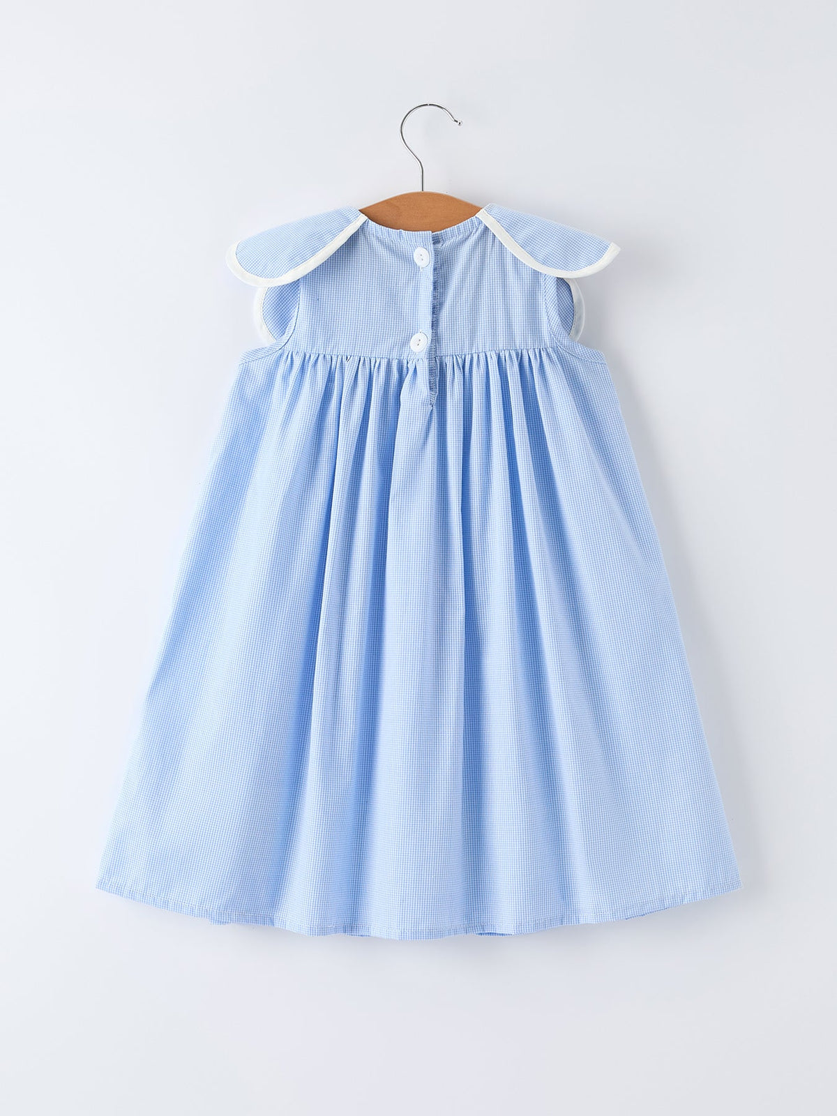 Blue Petal Peter Pan Collar Bishop Christening Dress for girls in light check fabric.
