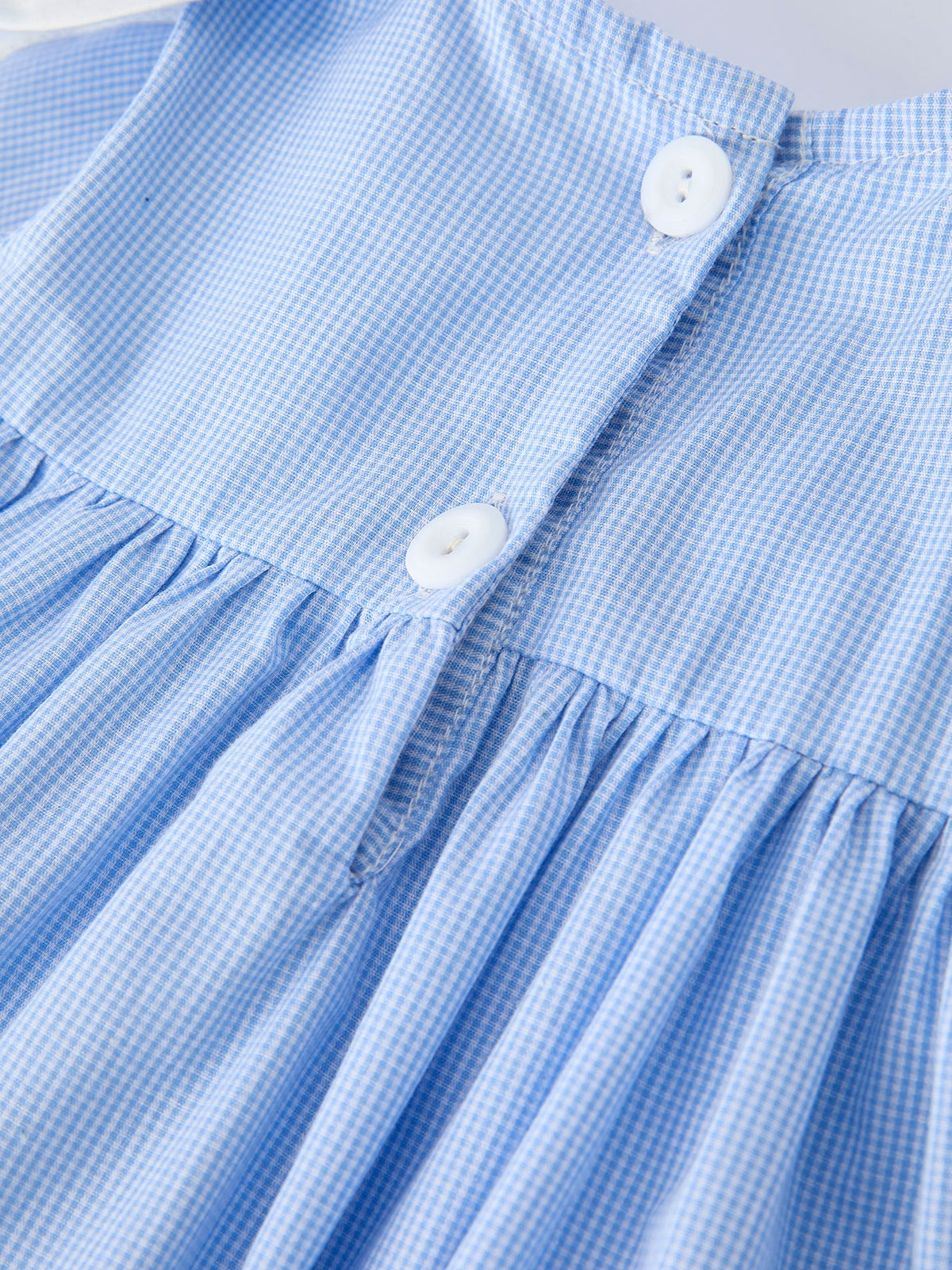 Blue Petal Peter Pan Collar Bishop Christening Dress for girls, blue gingham with white buttons.