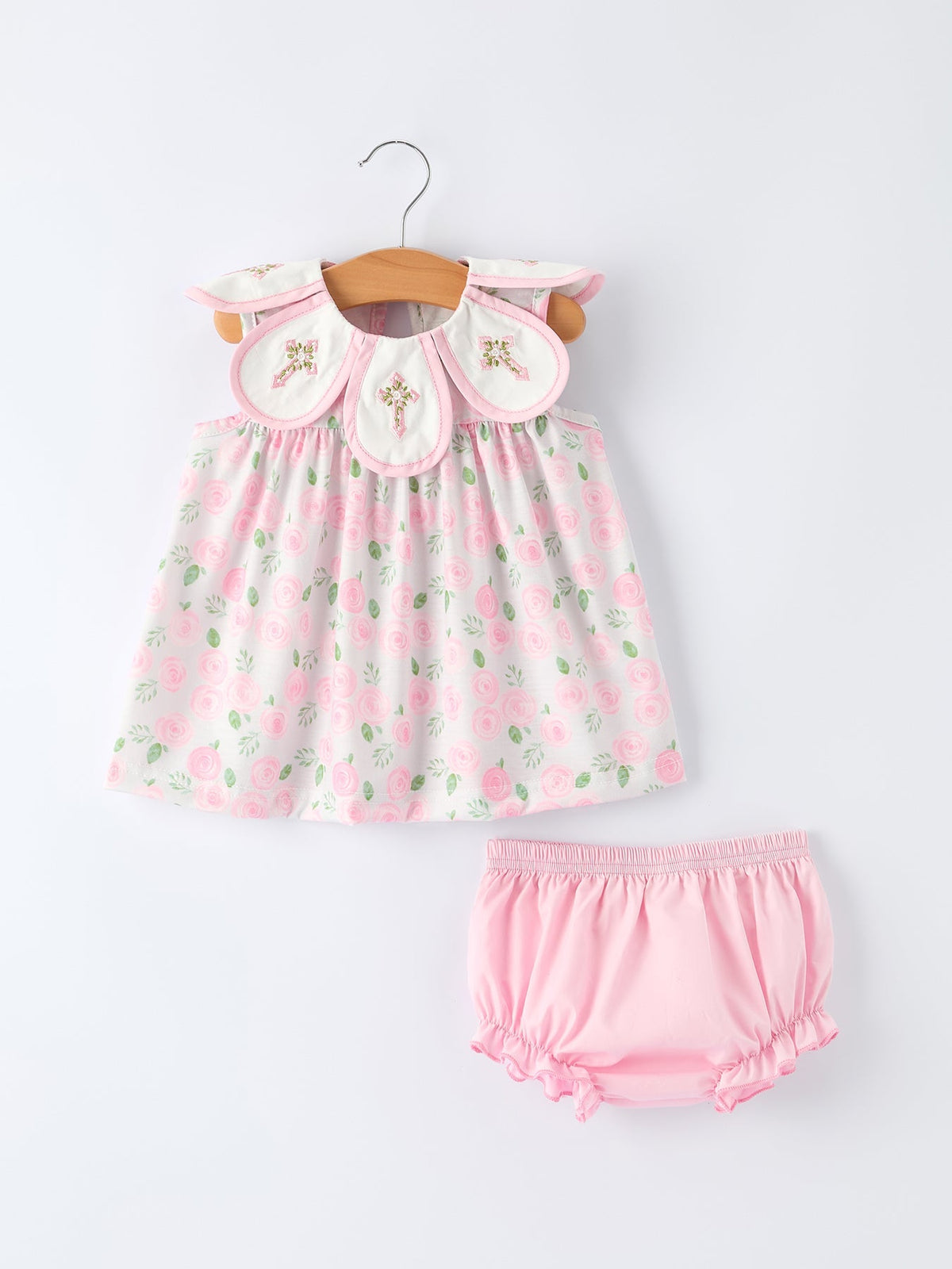 Pink Petal Collar Girls Floral Bloomer Set - Embroidered Crosses - The Palm Beach Baby Rylee Faith Designs