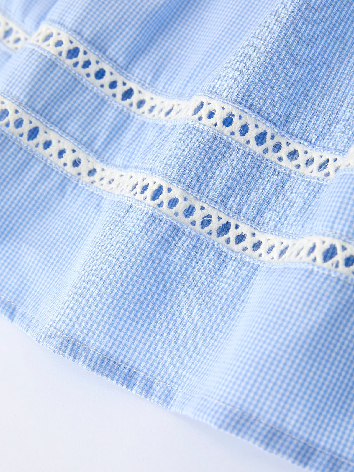 Blue gingham fabric with white lace trim from a bishop-collar Peter Pan christening dress.