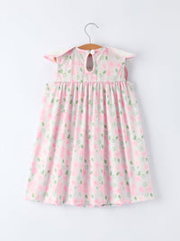 Floral Smocked Petal Peter Pan Collar Dress in pink rose print, breathable fabric, back keyhole with button.