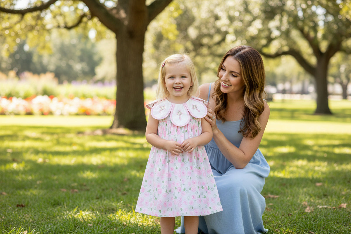 Adorable Smocked Petal Peter Pan Floral Collar Dress - The Palm Beach Baby Rylee Faith Designs