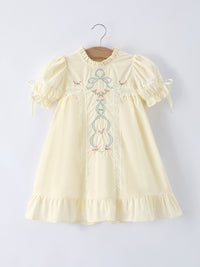 Embroidered Lace Girls Short Sleeve Dress in soft beige color, featuring intricate lace detailing, perfect for special occasions.
