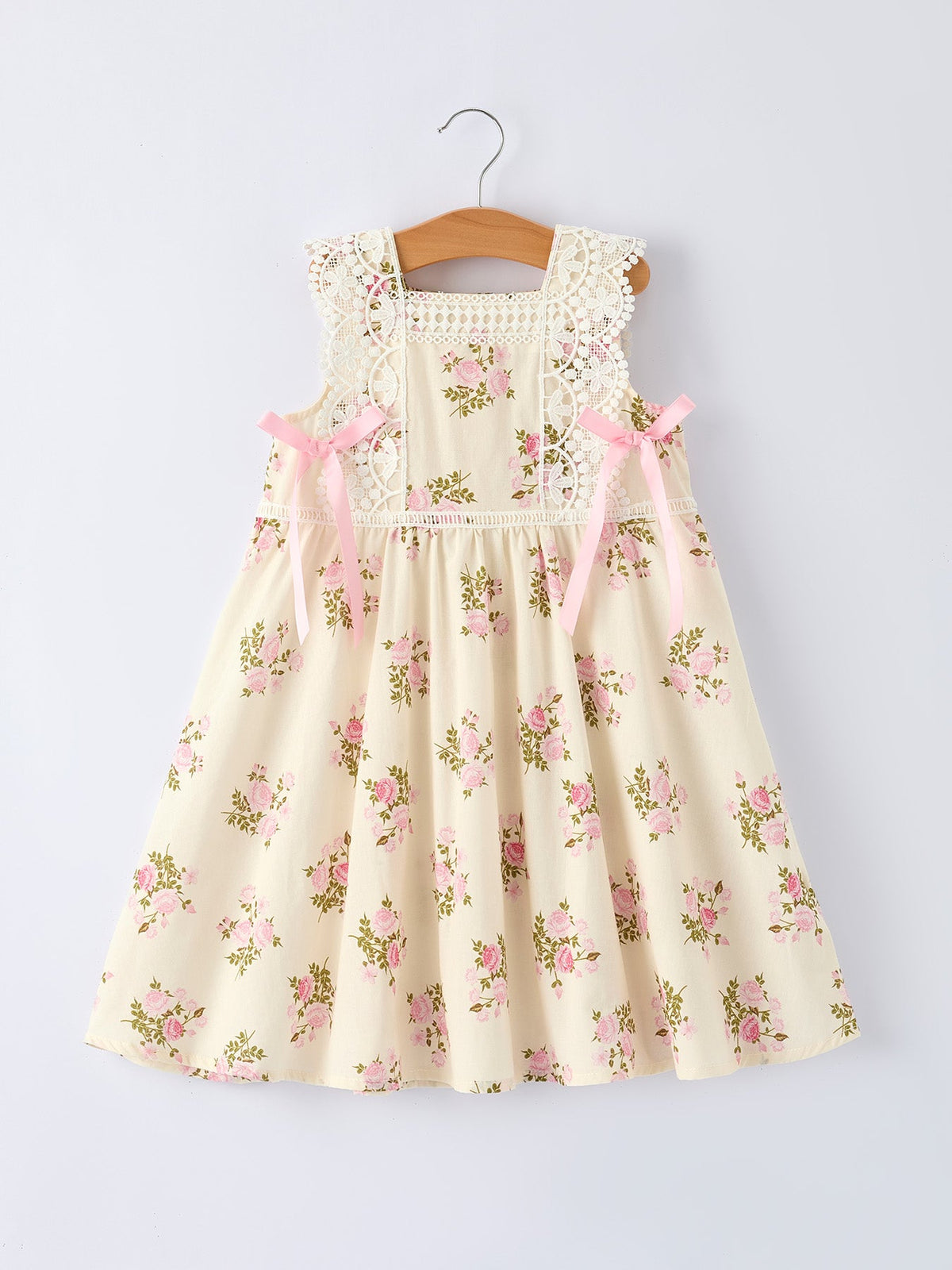 Lace-trimmed Bow Girls' Dress-Pink/Blue