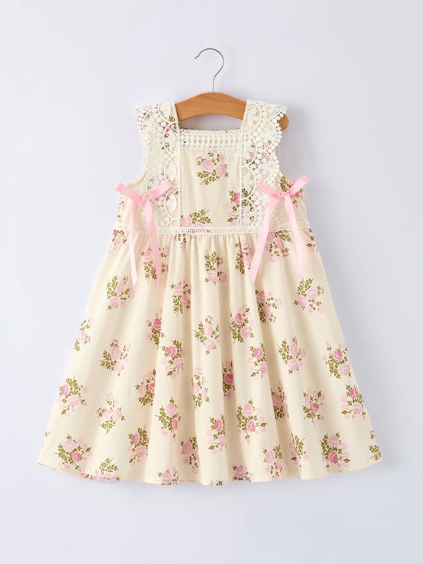 Lace-trimmed Bow Girls' Dress-Pink/Blue
