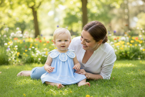 Baby girl in blue Peter Pan collar dress with embroidered crosses and bloomers, hand-smocked detail, outdoors with mom.