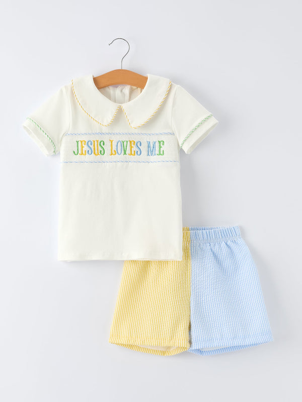 Jesus Loves Me Embroidered Toddler Boys Outfit - The Palm Beach Baby Rylee Faith Designs