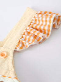 Farm Girl Chicken Smocked Bow Ruffle Dress fabric: orange gingham with ruffle trim, cream dotted strap, peach button