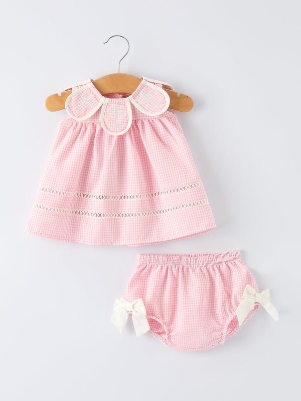 Pink Smocked Church Christ Bishop Christening Baby Girls Bloomer Set - The Palm Beach Baby Rylee Faith Designs
