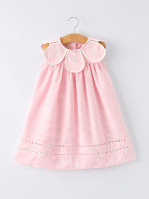 Pink gingham christening dress for girls with white cross-embroidered collar, 100% cotton.