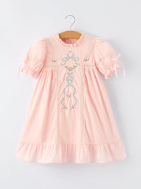 Lovely pink Embroidered Lace Girls Short Sleeve Dress, designed for elegance and comfort, ideal for birthdays and family gatherings.