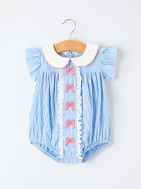 Blue striped girls' romper with petal Peter Pan collar, pink bows, and white lace trim on hanger.
