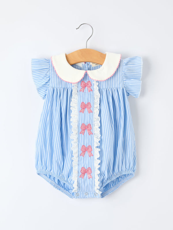 Blue striped girls' romper with petal Peter Pan collar, pink bows, and white lace trim on hanger.