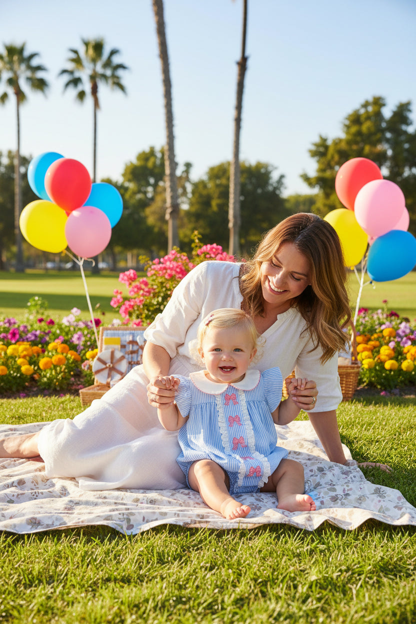 a six month old blonde girl with her mom at a park with balloons, palm trees and flowers