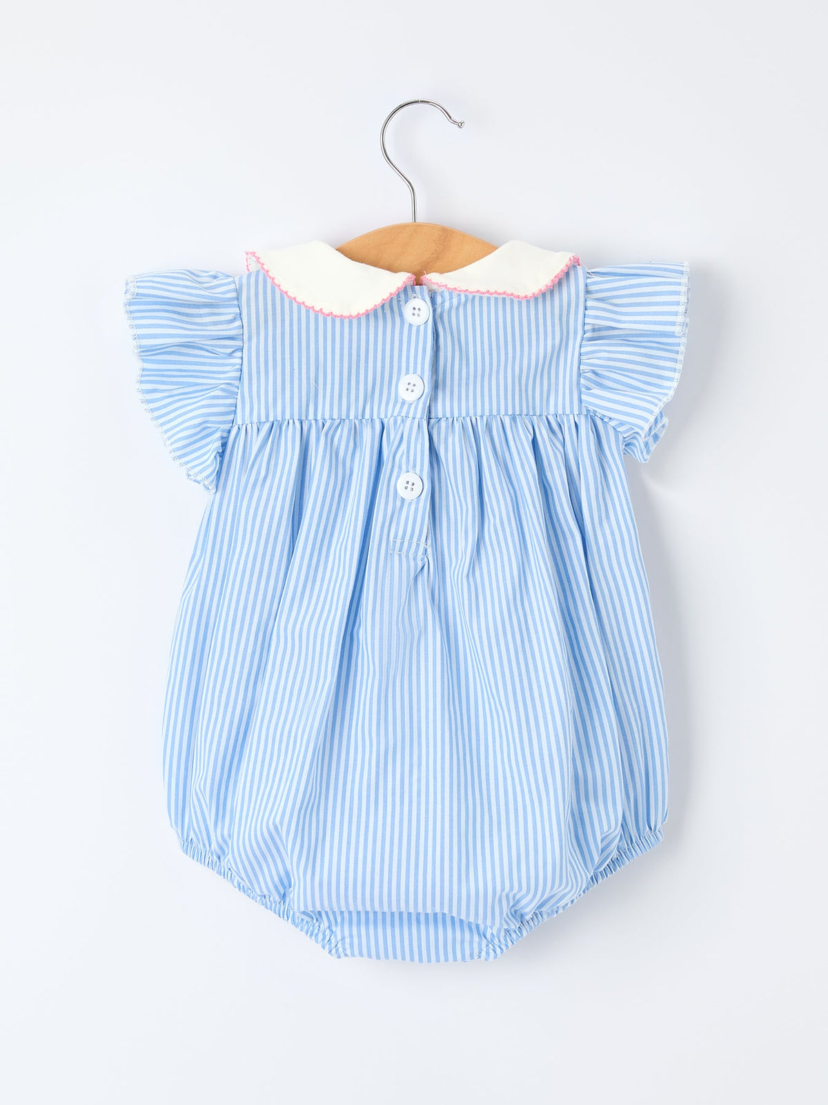 Blue striped girl romper with petal Peter Pan collar and bow, on a hanger.