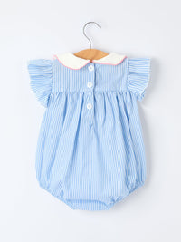 Blue striped girl romper with petal Peter Pan collar and bow, on a hanger.