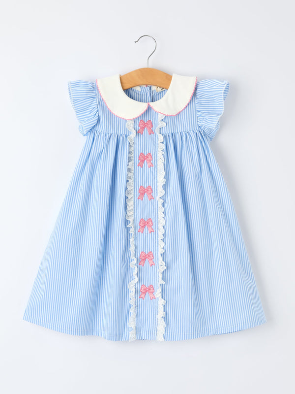 Blue striped girl dress with petal Peter Pan collar, lace trim, and pink bow accents.