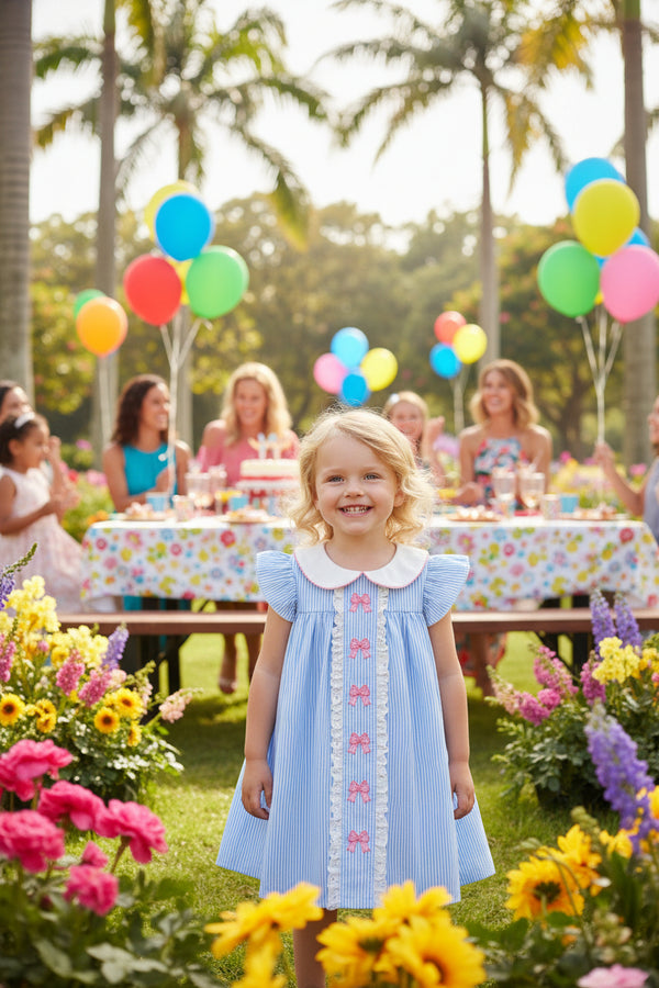 Blue striped dress with pink bows on a white background
