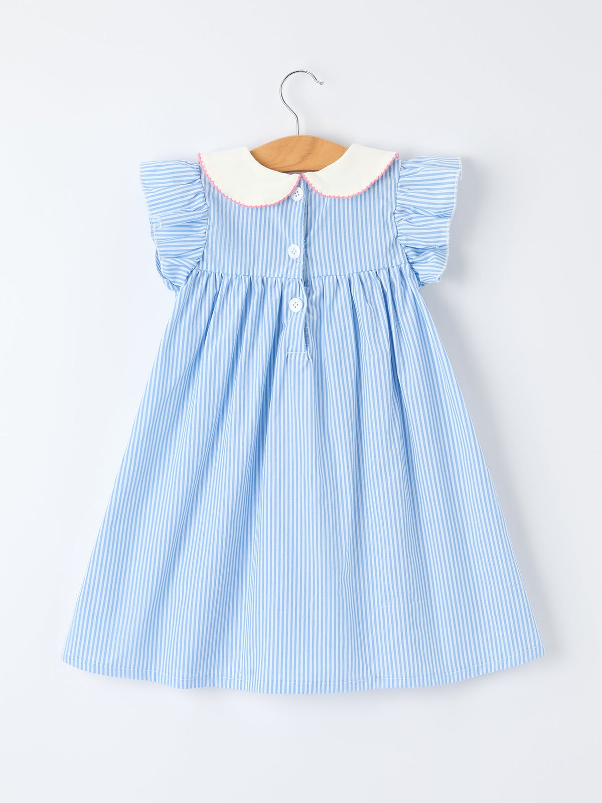 Blue striped dress for girls with a petal Peter Pan collar and pink bow, vintage-inspired.