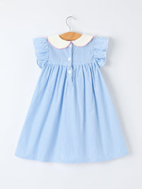 Blue striped dress for girls with a petal Peter Pan collar and pink bow, vintage-inspired.