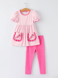Girls' Pencil Applique Striped Two Piece Set featuring a fun pencil design, perfect for school.